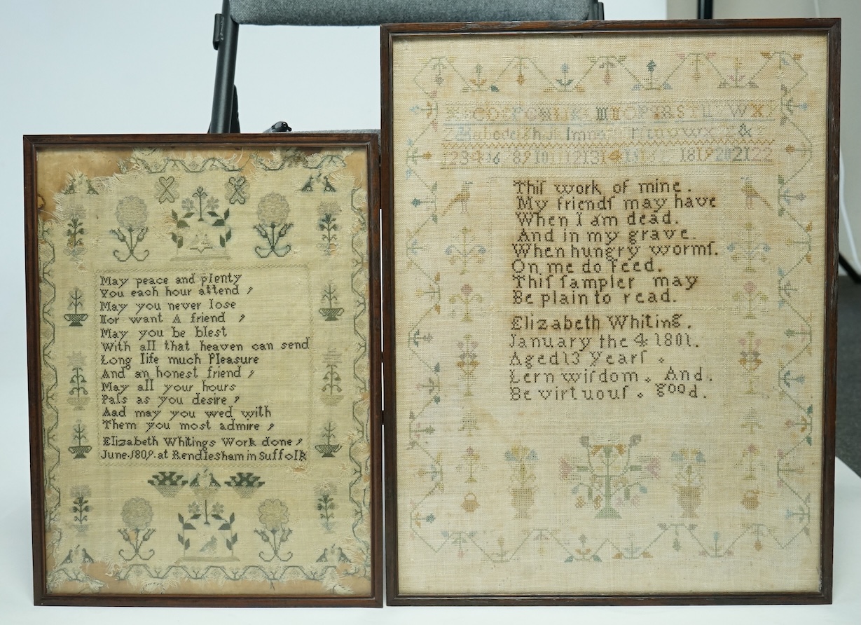 Two samplers by Elizabeth Whiting, one dated 1801 aged 13 years, the other dated 1809, Rendlesham Suffolk. The earlier 40cm wide x 50cm high. The later 31cm wide x 43cm high., Condition - the earlier sampler has faded, t
